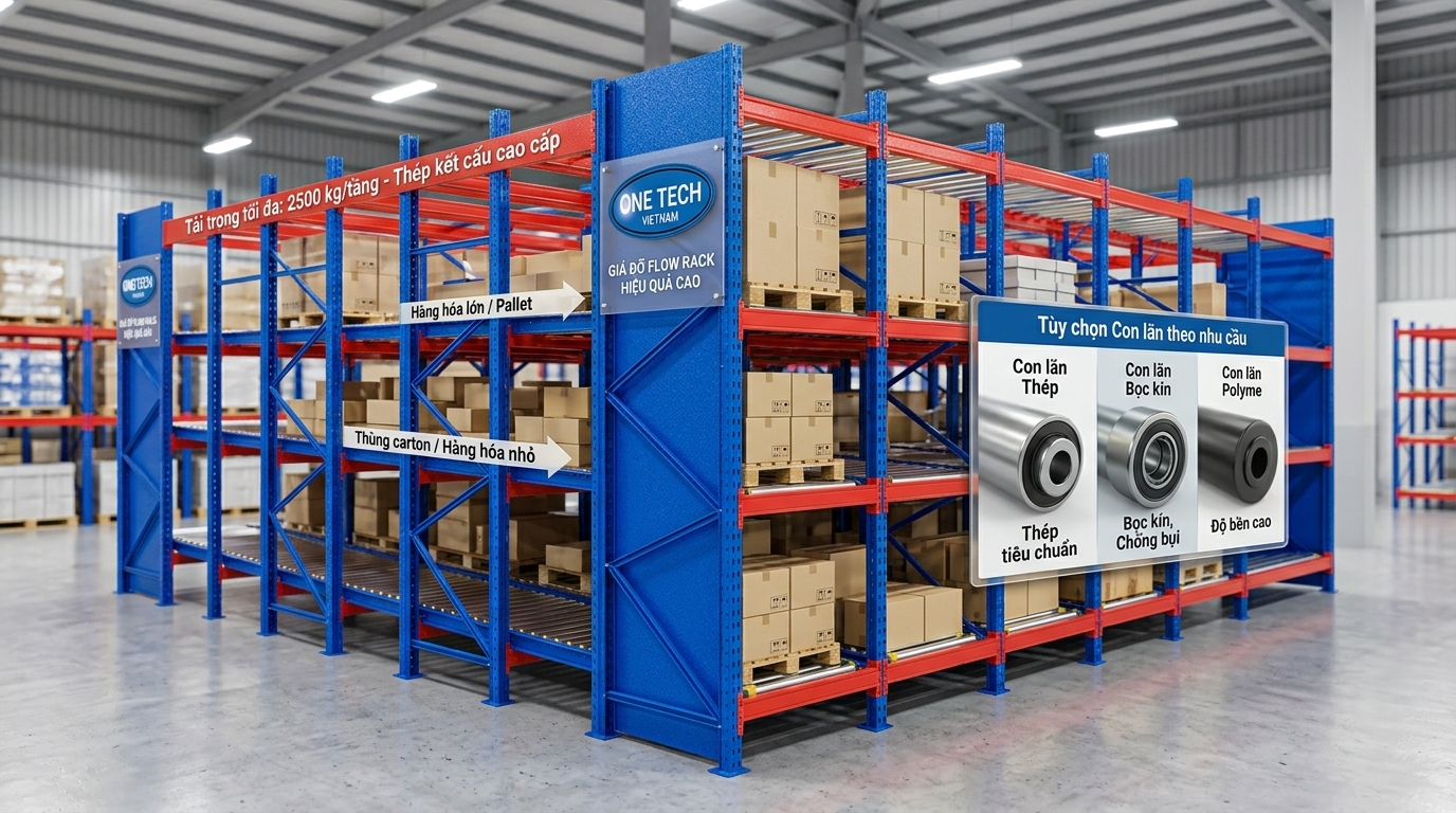 Báo giá kệ flowrack Quảng Ngãi theo thiết kế Báo giá kệ flowrack Quảng Ngãi theo tải trọng, kích thước và loại con lăn
