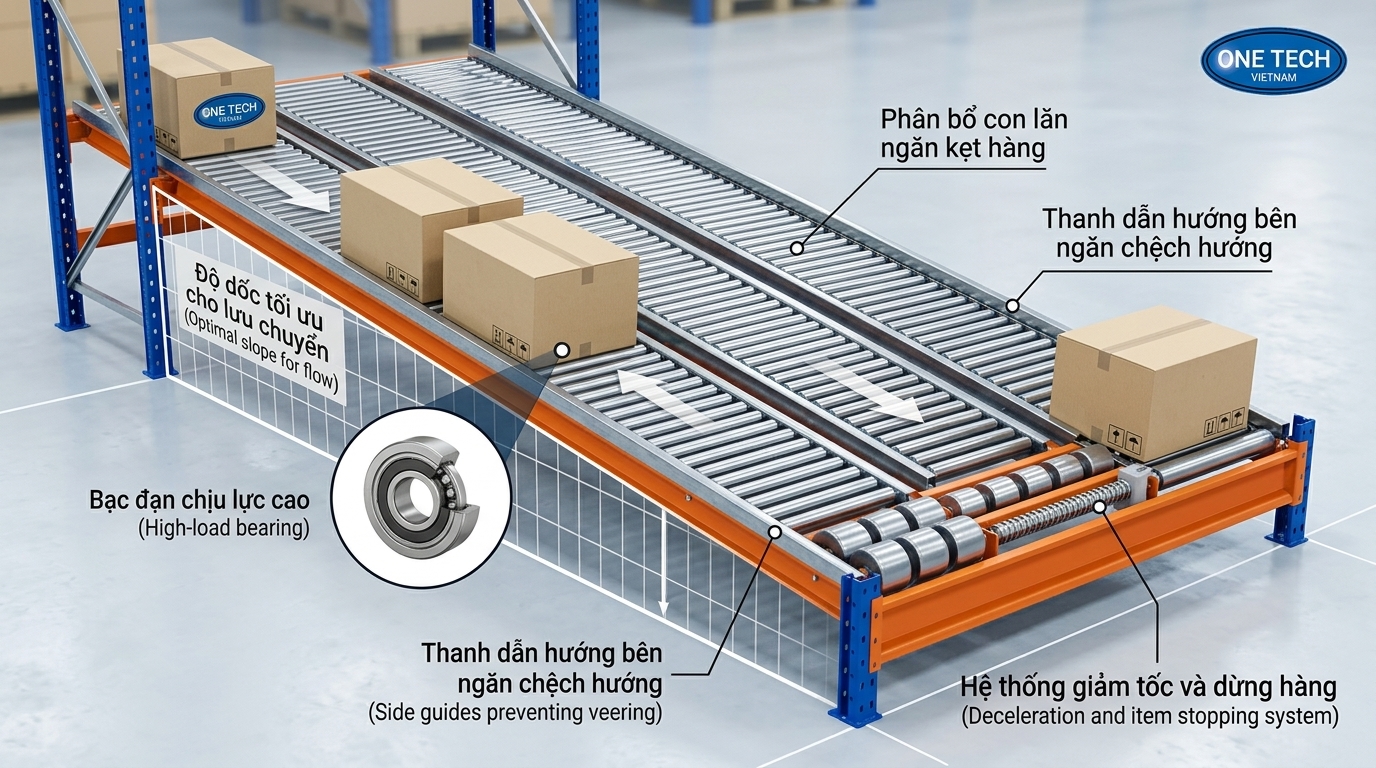 Độ nghiêng kệ flowrack và ray con lăn Minh họa độ nghiêng kệ flowrack và ray con lăn giúp hàng trượt ổn định