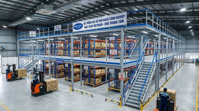 Hệ thống kệ sàn mezzanine hoàn thiện Hệ thống kệ sàn mezzanine hoàn thiện trong kho hàng