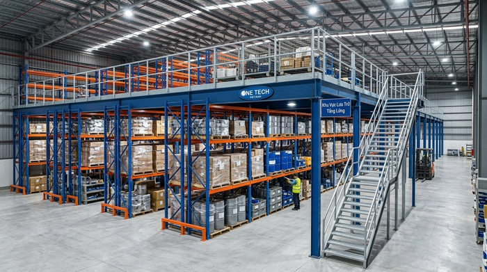 Kệ mezzanine kết hợp hệ thống racking công nghiệp Kệ mezzanine kết hợp kệ pallet trong kho công nghiệp