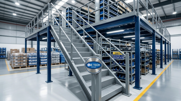 Kệ sàn mezzanine có cầu thang lan can Kệ sàn mezzanine có cầu thang và lan can an toàn