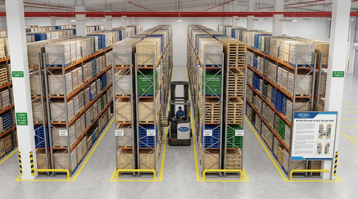 Bố trí lối đi hẹp cho kệ narrow aisle Bản vẽ bố trí lối đi hẹp cho hệ thống kệ narrow aisle trong kho