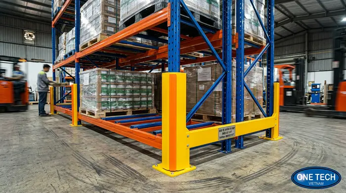 Bảo vệ chân kệ giúp tăng độ an toàn khi vận hành xe nâng Bảo vệ chân kệ Push Back tại khu vực xe nâng thường xuyên va chạm