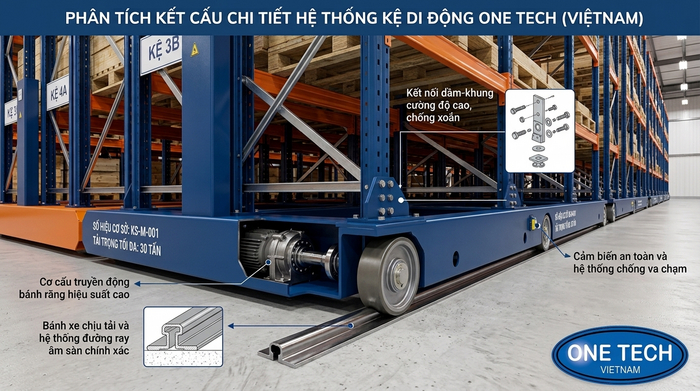 Hệ thống ray trượt và beam cho kệ kho di động Cấu tạo hệ thống ray trượt và beam cho kệ kho di động tại Quảng Ngãi