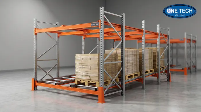 Ray trượt kệ đẩy lùi giúp pallet di chuyển ổn định Ray trượt và xe trượt của kệ đẩy lùi dùng cho kho hàng Quảng Ngãi