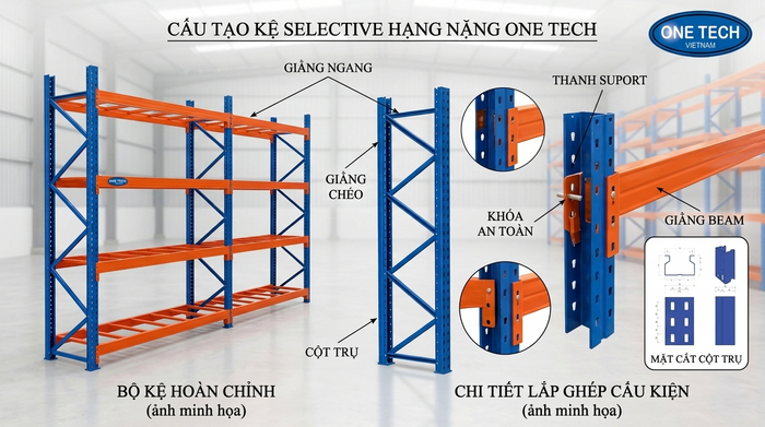 Đặc điểm kỹ thuật kệ selective tải trọng nặng Cấu tạo chi tiết của kệ selective tải trọng nặng