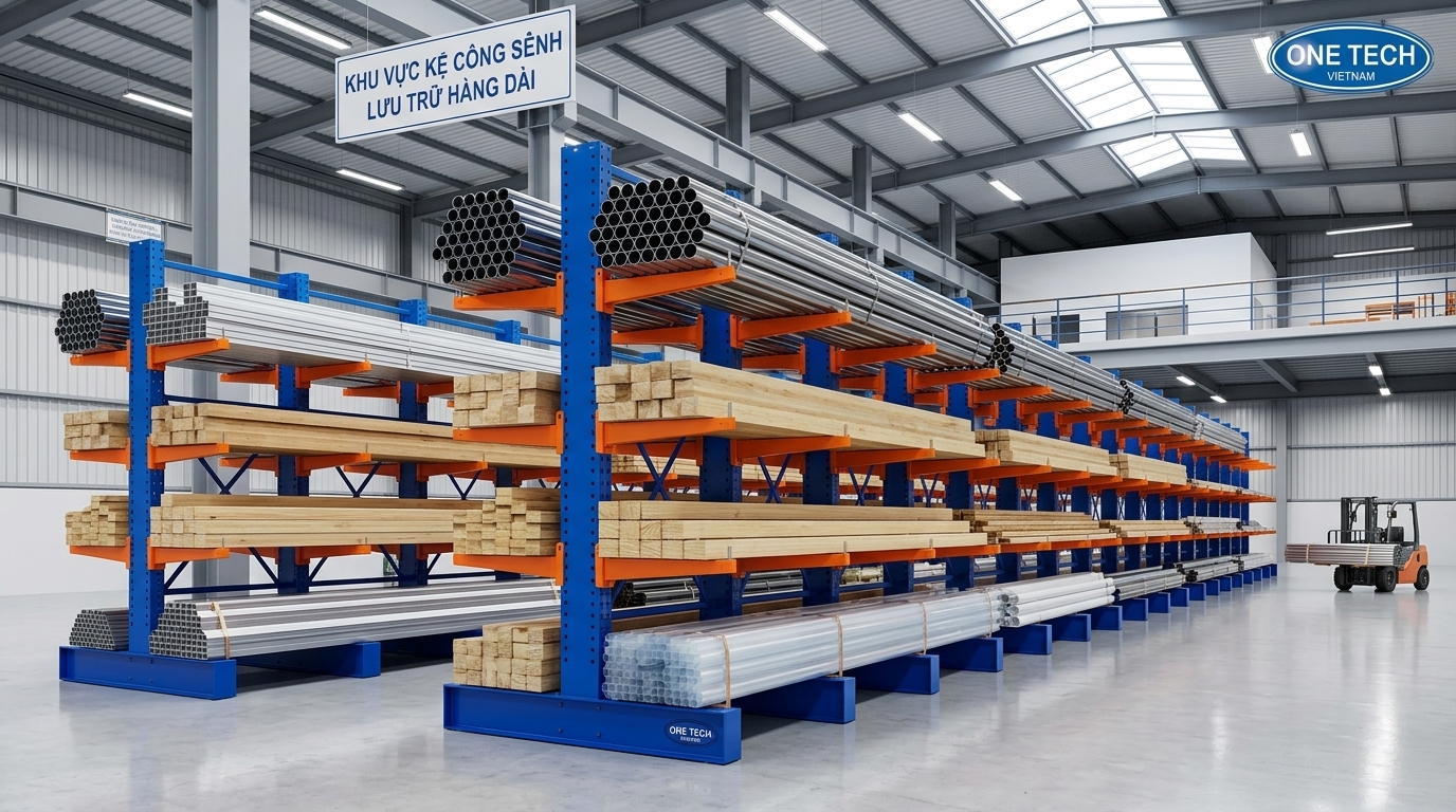 Kệ cantilever cho kho hàng công nghiệp tại Quảng Ngãi chứa ống thép và thanh dài