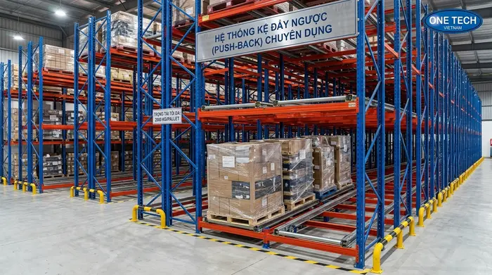 Cấu tạo kệ Push Back Quảng Ngãi cho kho pallet Cấu tạo kệ Push Back gồm khung kệ dầm ngang ray trượt và xe trượt