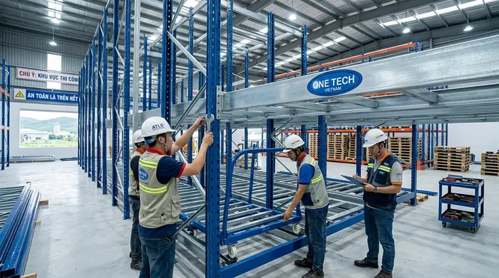 Lắp đặt kệ Push Back cần căn chỉnh ray và kiểm tra an toàn Lắp đặt kệ Push Back trong kho pallet tại Quảng Ngãi