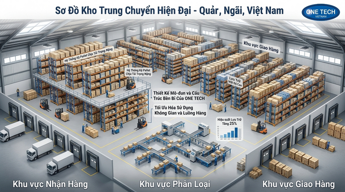 Bố trí layout kho trung chuyển Quảng Ngãi Layout kho trung chuyển Quảng Ngãi với khu nhận hàng khu phân loại và khu xuất hàng