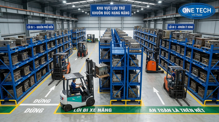 Bố trí luồng xe nâng an toàn trong kho kệ để khuôn