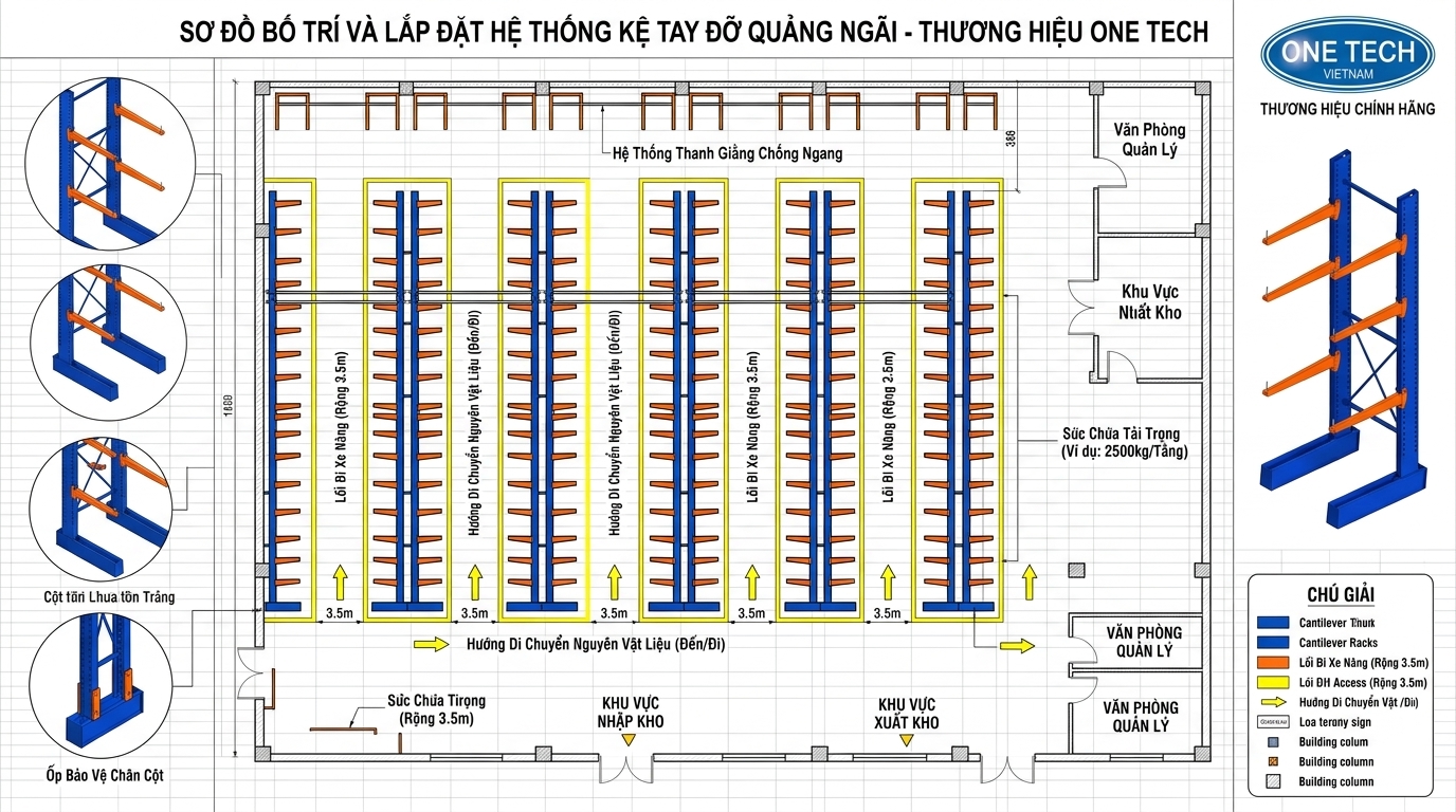 Mặt bằng lắp đặt kệ tay đỡ Quảng Ngãi trong kho công nghiệp có lối xe nâng
