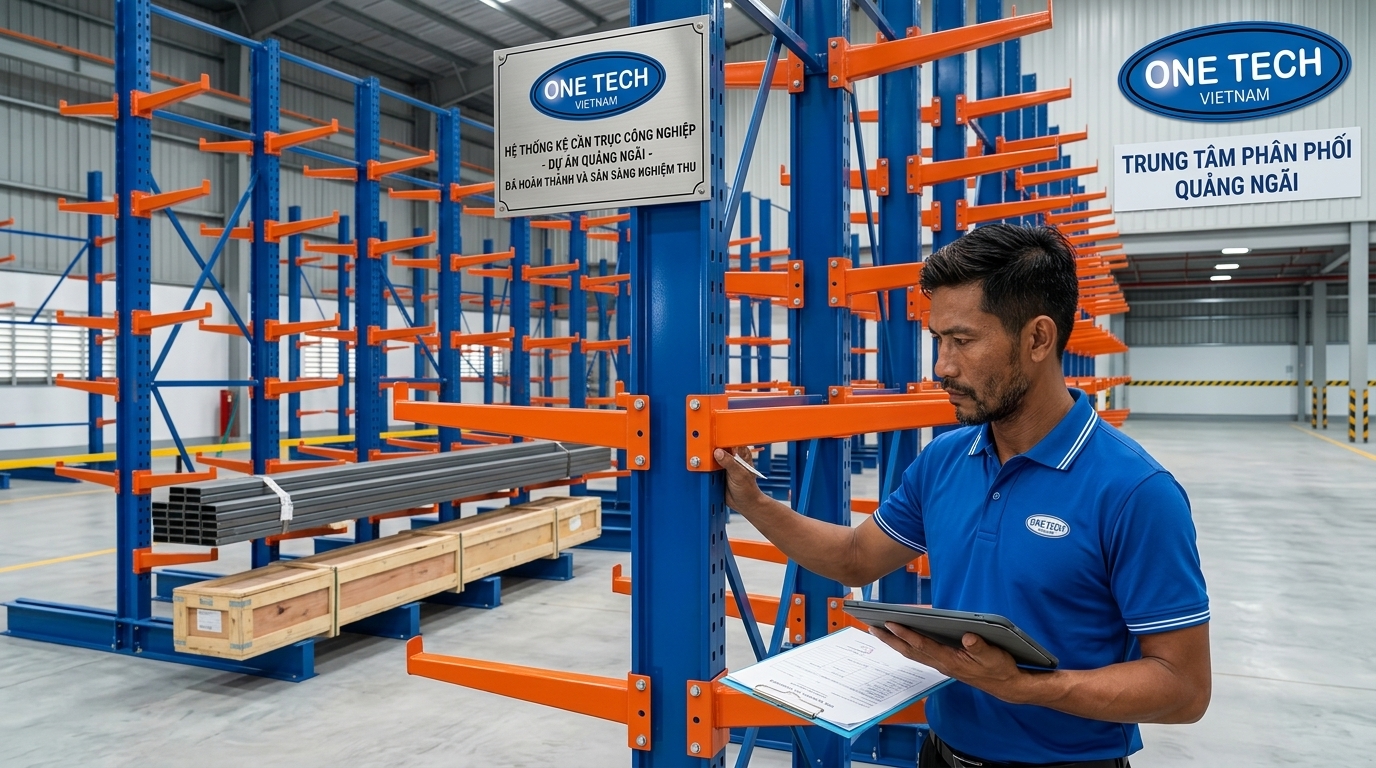 Nghiệm thu kệ tay đỡ Quảng Ngãi sau lắp đặt trong kho công nghiệp