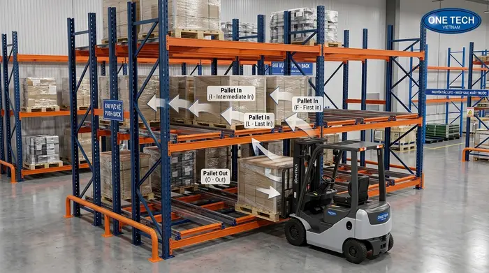 Kệ Push Back Quảng Ngãi hoạt động theo cơ chế đẩy lùi pallet Nguyên lý hoạt động của kệ Push Back Quảng Ngãi trong kho pallet