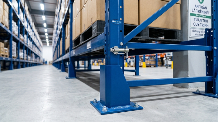 Phụ kiện an toàn cho hệ thống kệ narrow aisle Phụ kiện an toàn cho kệ narrow aisle gồm bảo vệ chân kệ và chốt an toàn