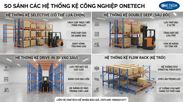 So sánh kệ Double Deep Quảng Ngãi với Selective Drive In và Flow Rack