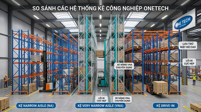 So sánh narrow aisle VNA và Drive-In cho kho hàng So sánh Kệ Narrow Aisle Quảng Ngãi với Kệ VNA và Drive-In