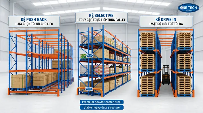So sánh các loại kệ kho hàng phổ biến tại Quảng Ngãi So sánh kệ Push Back kệ Selective và kệ Drive In cho kho hàng