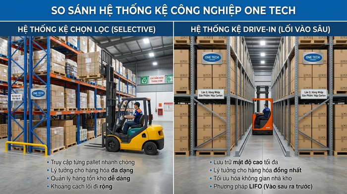 Đánh giá hiệu quả giữa các loại kệ kho So sánh kệ selective và kệ drive-in trong kho hàng