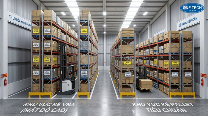 Kệ có lối đi hẹp giúp tăng mật độ lưu trữ kho So sánh mật độ lưu trữ của kệ narrow aisle và kệ pallet thông thường