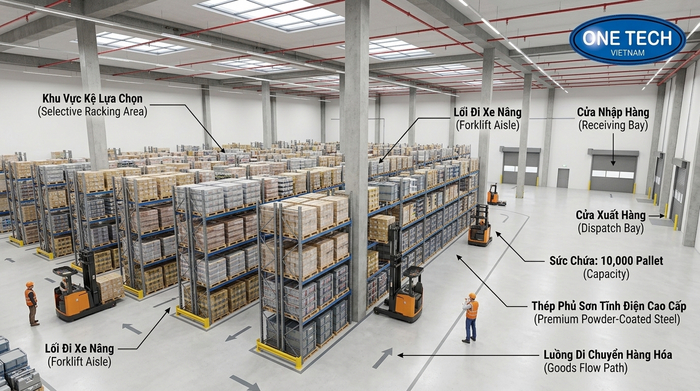 Thiết kế tối ưu không gian kho hàng Bản vẽ thiết kế 3D kho hàng sử dụng kệ Selective