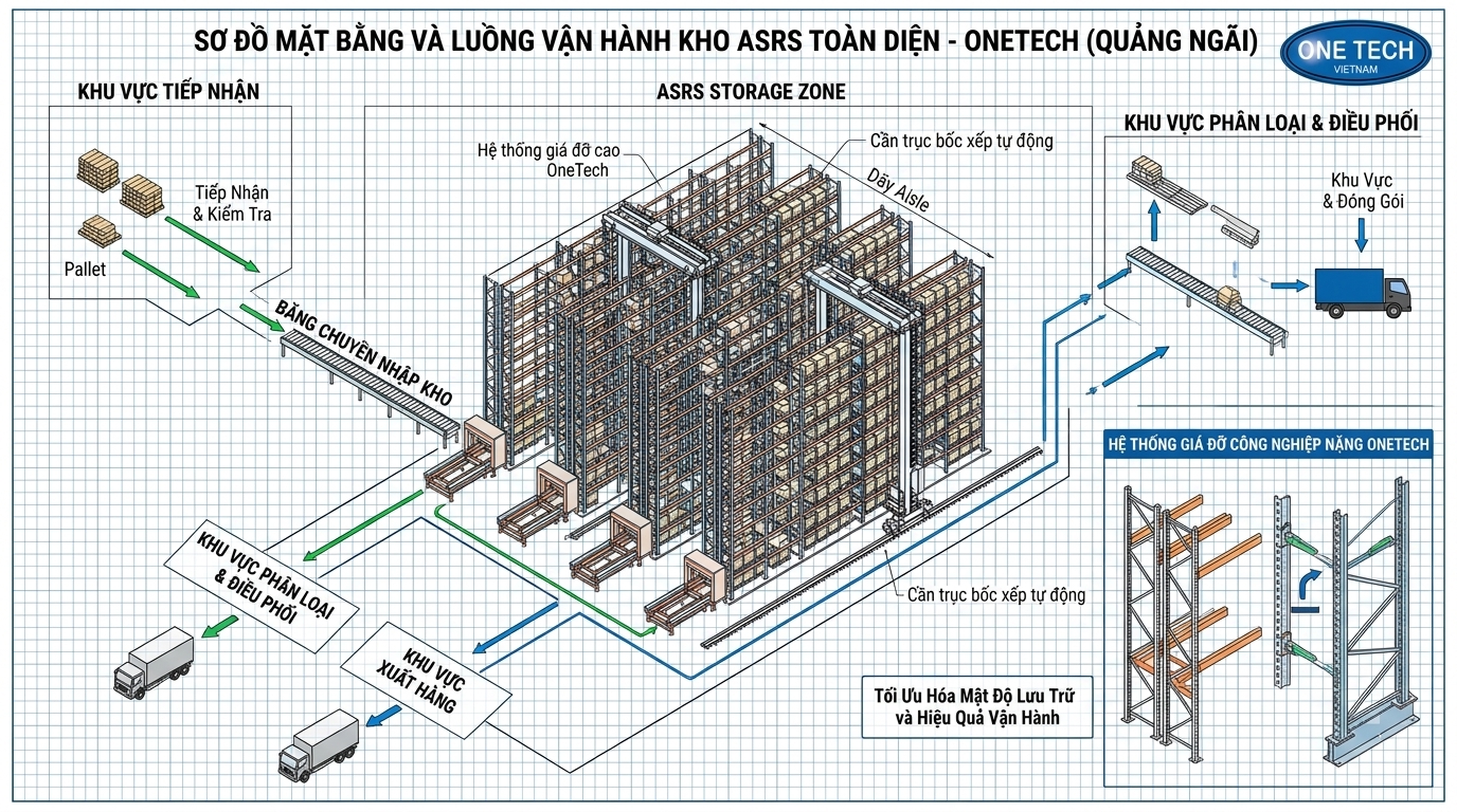 Thiết kế layout kệ kho ASRS Quảng Ngãi theo luồng xuất nhập hàng
