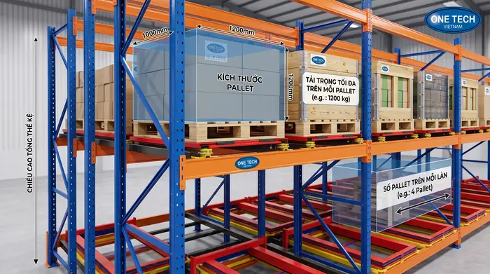 Thông số kệ Push Back Quảng Ngãi theo tải trọng và kích thước pallet Thông số kỹ thuật cần kiểm tra khi lắp kệ Push Back tại Quảng Ngãi