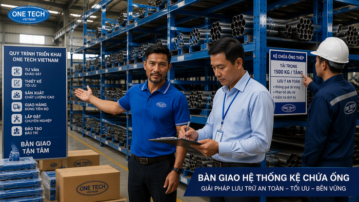 Bàn giao kệ để ống thép cho khách hàng Bàn giao kệ để ống thép sau lắp đặt tại kho hàng