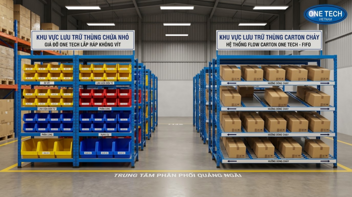 Kệ hộp khay và kệ con lăn carton cho kho hàng nhẹ tại Quảng Ngãi