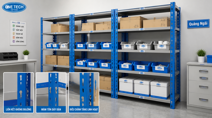 Kệ sắt V lỗ giá hợp lý cho kho nhỏ tại Quảng Ngãi