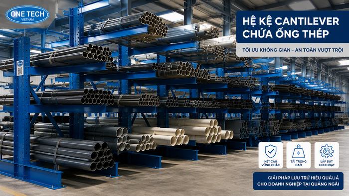 Kệ tay đỡ thép ống cho kho hàng dài Kệ tay đỡ thép ống lưu trữ hàng dài tại Quảng Ngãi