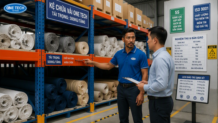 Nghiệm thu bàn giao kệ kho vải Nghiệm thu và bàn giao kệ kho vải sau lắp đặt