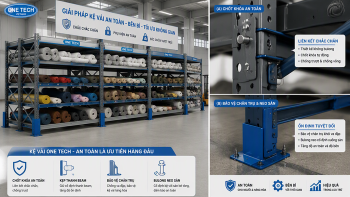 Phụ kiện an toàn kệ kho vải Phụ kiện an toàn cho kệ kho vải gồm chốt khóa và bảo vệ chân trụ