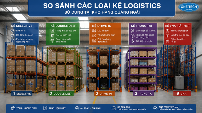 Bảng so sánh kệ kho logistics phổ biến So sánh các loại kệ kho logistics dùng trong kho Quảng Ngãi