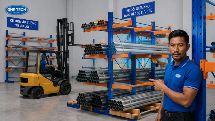 Xe nâng dùng cho kệ để ống thép Xe nâng xếp dỡ ống thép trên kệ kho hàng