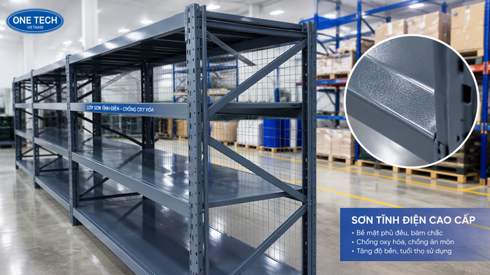 Sơn tĩnh điện kệ kho trung tải bền đẹp Lớp sơn tĩnh điện trên kệ kho trung tải giúp chống oxy hóa và tăng độ bền